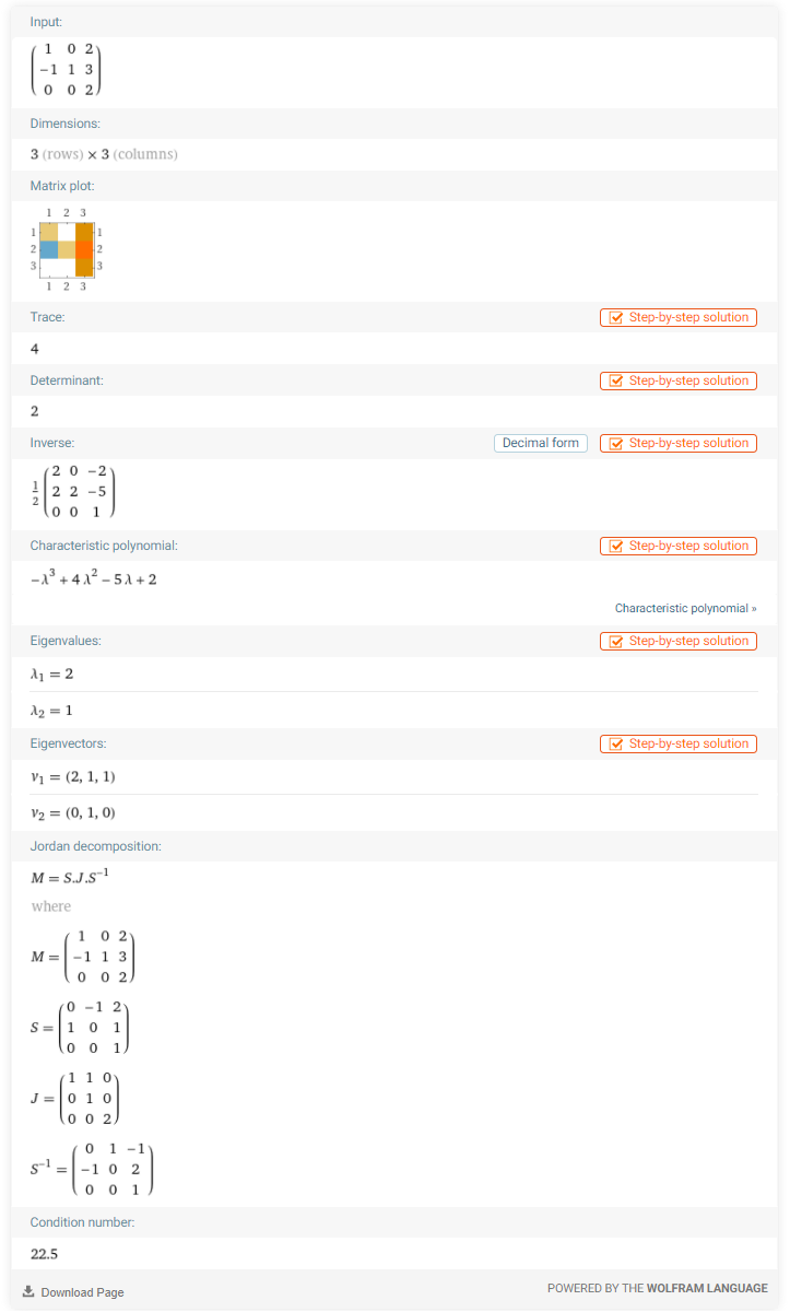 WolframAlpha results showing the Jordan form of the matrix